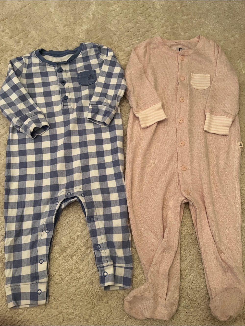 GAP Pink Plush Footed One Piece & Blue Check Romper Bundle Duo 6-12 months